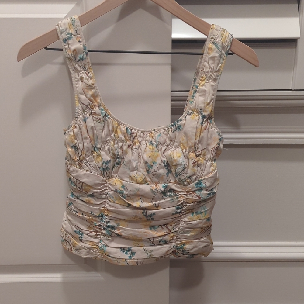 ANTONIO MELANI Floral Ruched Tank Top - Cream and Yellow